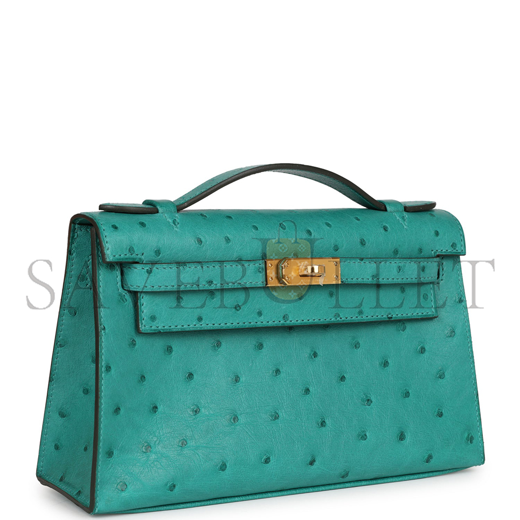 HERMÈS MASTER KELLY POCHETTE VERT VERONE OSTRICH GOLD HARDWARE (22*14*7cm) 